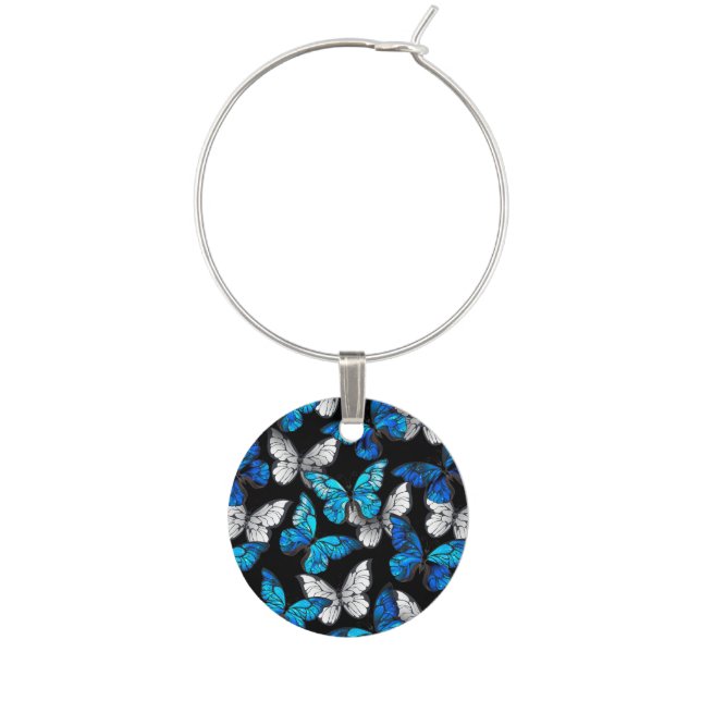 Dark Seamless Pattern with Blue Butterflies Morpho Wine Charm (Front)