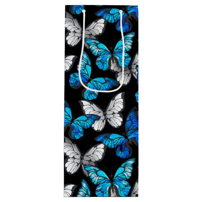 Dark Seamless Pattern with Blue Butterflies Morpho Wine Gift Bag (Front)