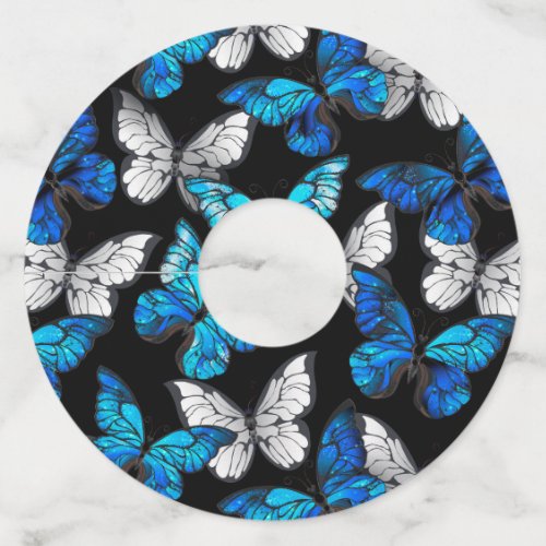 Dark Seamless Pattern with Blue Butterflies Morpho Wine Glass Tag