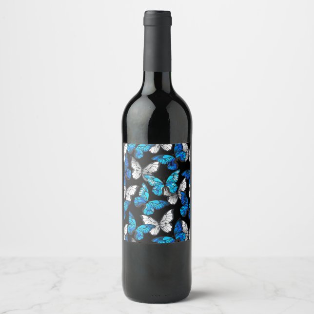 Dark Seamless Pattern with Blue Butterflies Morpho Wine Label (Front)