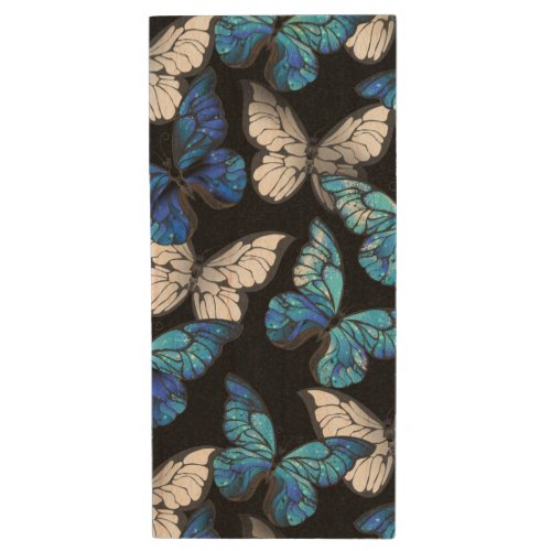 Dark Seamless Pattern with Blue Butterflies Morpho Wood Flash Drive