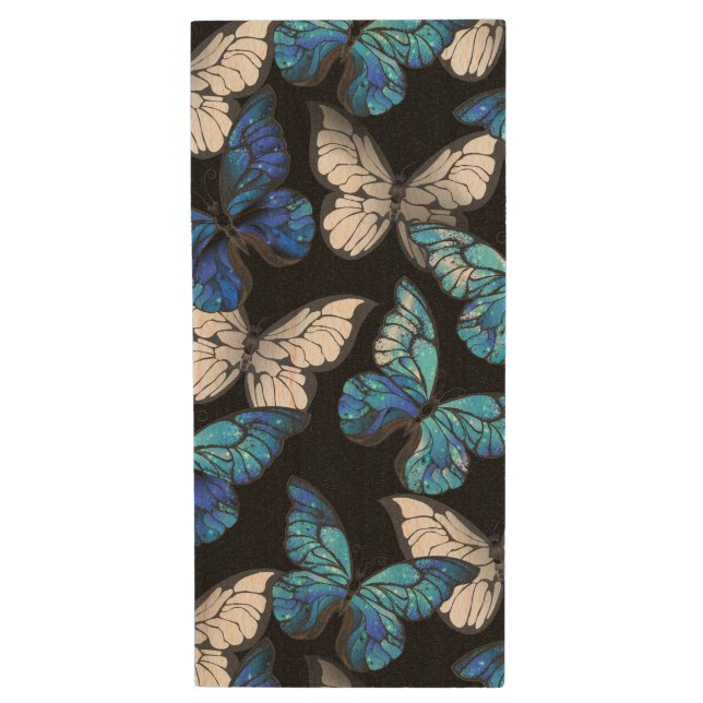 Dark Seamless Pattern with Blue Butterflies Morpho Wood Flash Drive (Front Vertical)