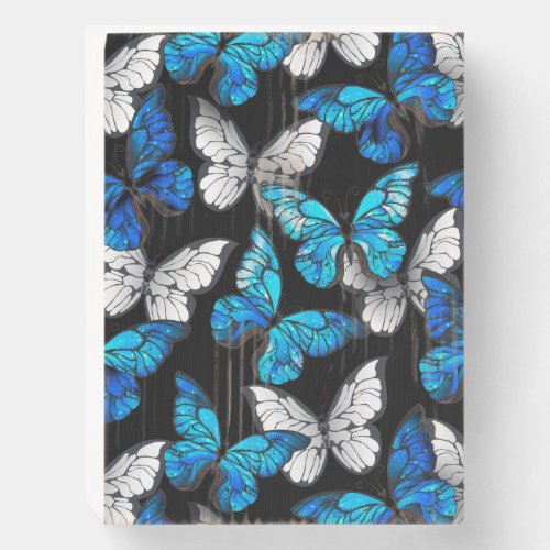 Dark Seamless Pattern with Blue Butterflies Morpho Wooden Box Sign