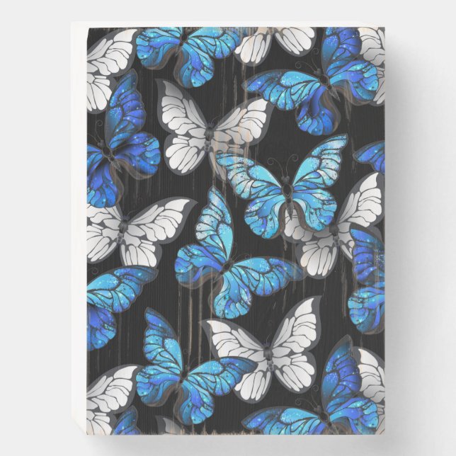 Dark Seamless Pattern with Blue Butterflies Morpho Wooden Box Sign (Front Vertical)