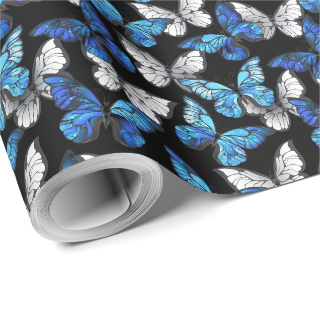 Dark Seamless Pattern with Blue Butterflies Morpho Wrapping Paper (Roll Corner)