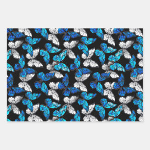 Dark Seamless Pattern with Blue Butterflies Morpho Wrapping Paper Sheets