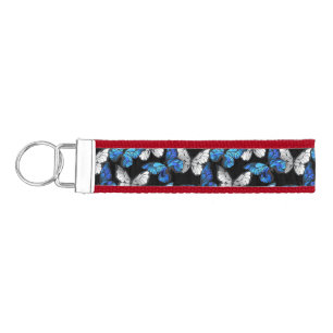 Dark Seamless Pattern with Blue Butterflies Morpho Wrist Keychain