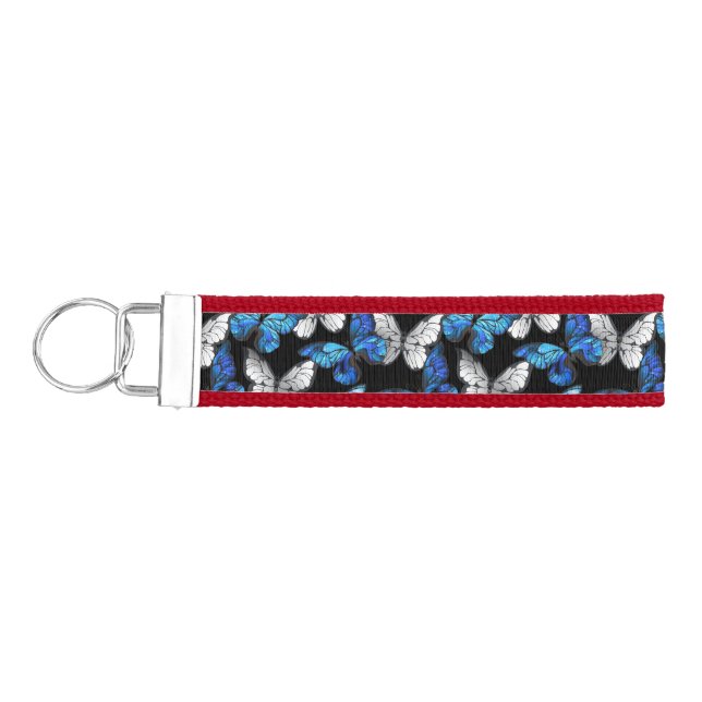 Dark Seamless Pattern with Blue Butterflies Morpho Wrist Keychain (Keys on Left)