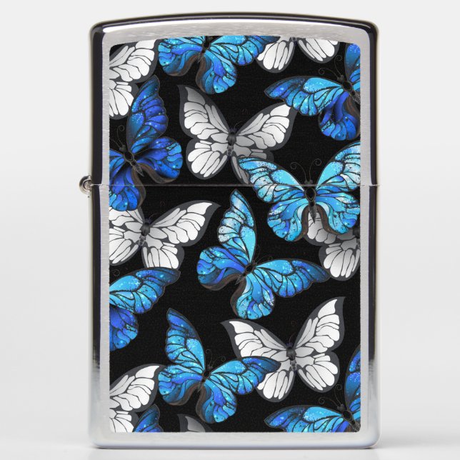 Dark Seamless Pattern with Blue Butterflies Morpho Zippo Lighter (Front)