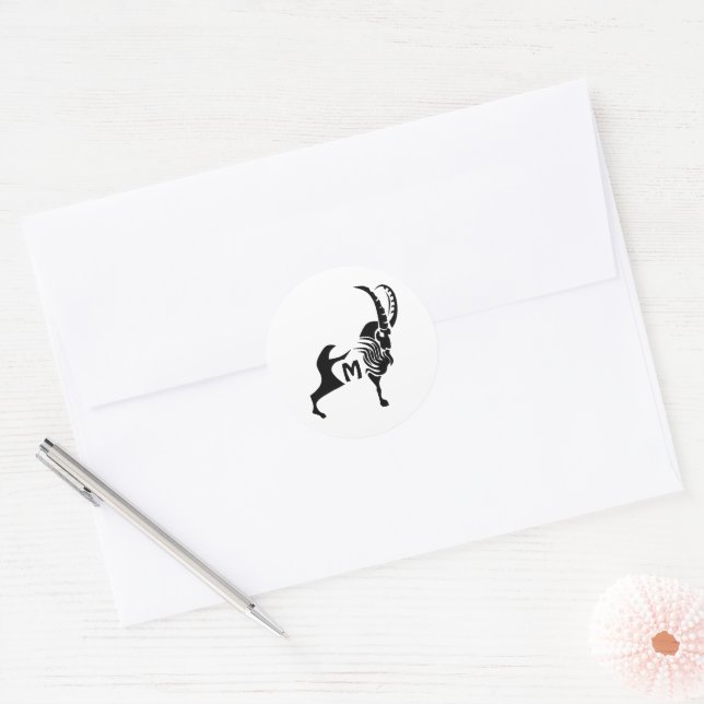 Dark Silhouette Ram in Black Ink Monogram Classic Round Sticker (Envelope)