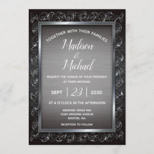 Dark Silver Grunge Metal Wedding Invitation