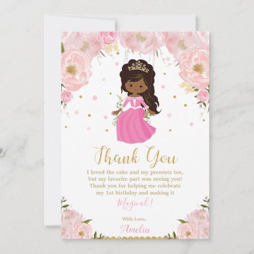 Dark Skin African Princess Birthday Pink Floral Thank You Card