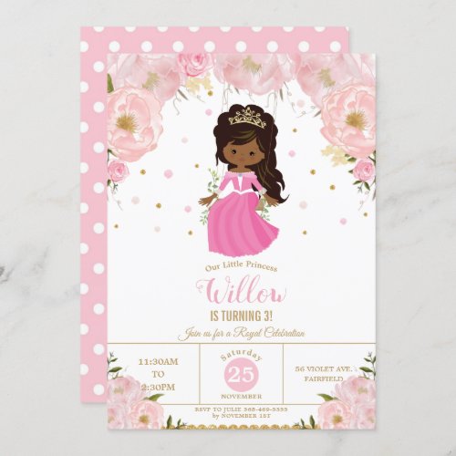 Dark Skin African Princess Pink Floral Birthday Invitation