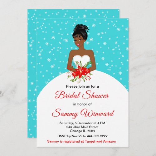 Dark Skin Bride Snowflake Blue Bridal Shower Invitation