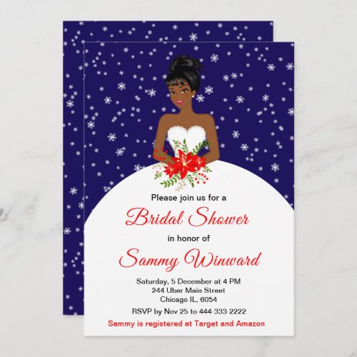 Dark Skin Bride Snowflake Navy Bridal Shower Invitation