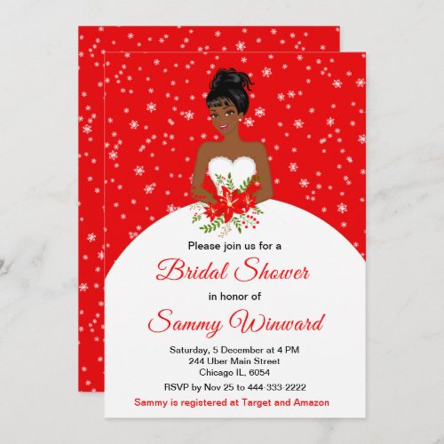 Dark Skin Bride Snowflake Red Bridal Shower Invitation