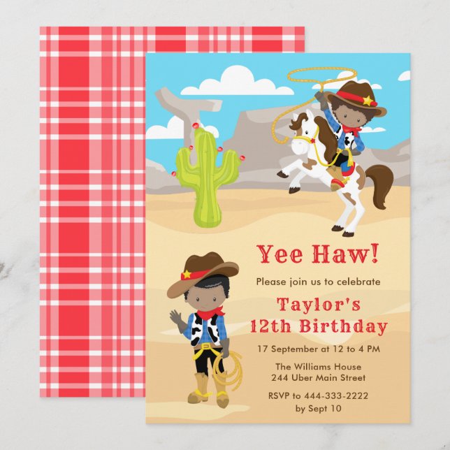 Dark Skin Cowboy Birthday Party Invitation (Front/Back)