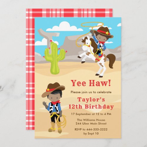 Dark Skin Cowboy Birthday Party Invitation