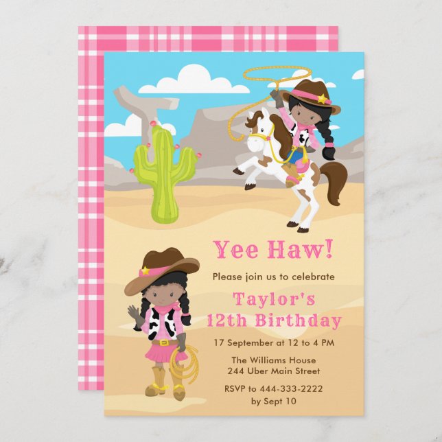 Dark Skin Cowgirl Birthday Party Invitation (Front/Back)