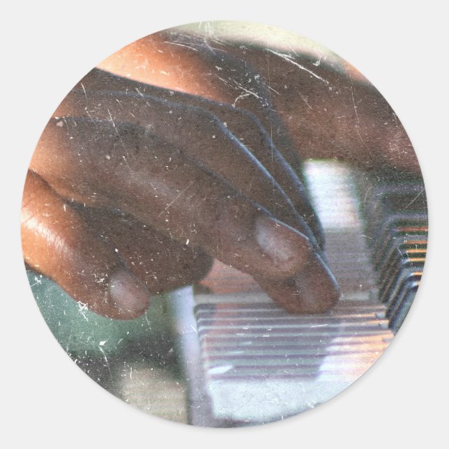 dark skin hands playing piano keyboard grunge classic round sticker (Front)