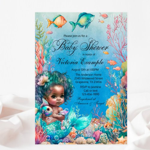 Dark Skin Mermaid Baby Shower Invitation