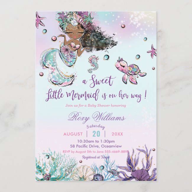 Dark Skin Mermaid Baby Shower Under the Sea Girl Invitation