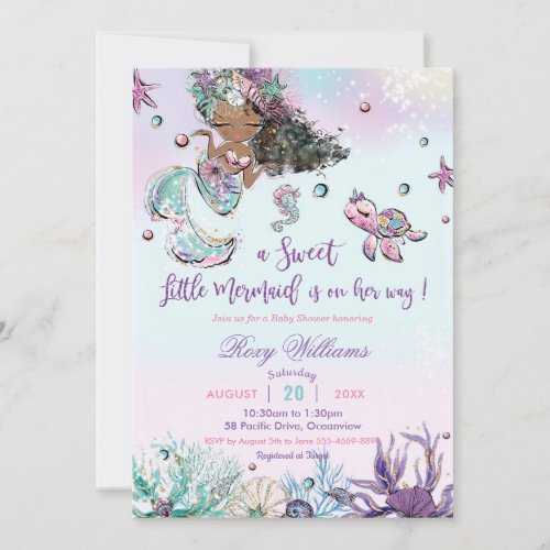 Dark Skin Mermaid Baby Shower Under the Sea Girl Invitation