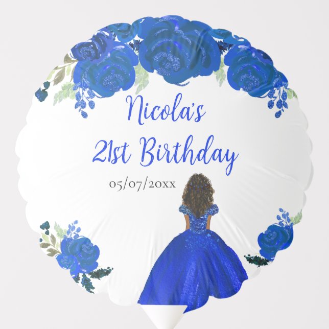 Dark Skin Princess Blue Floral Birthday Party Balloon (Front)