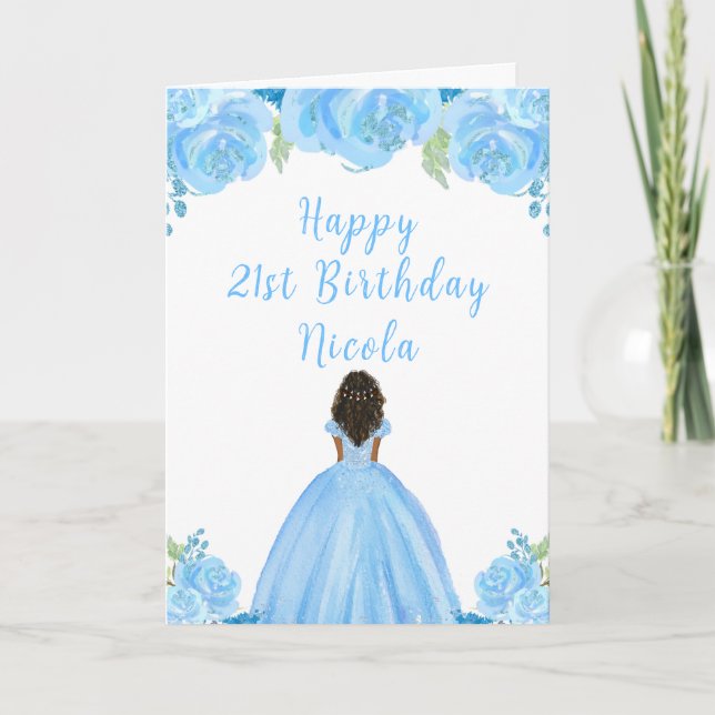 Dark Skin Princess Blue Floral Birthday Party Card (Front)