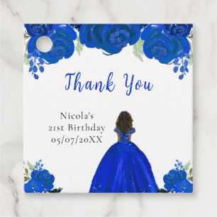 Dark Skin Princess Blue Floral Birthday Party Favor Tags