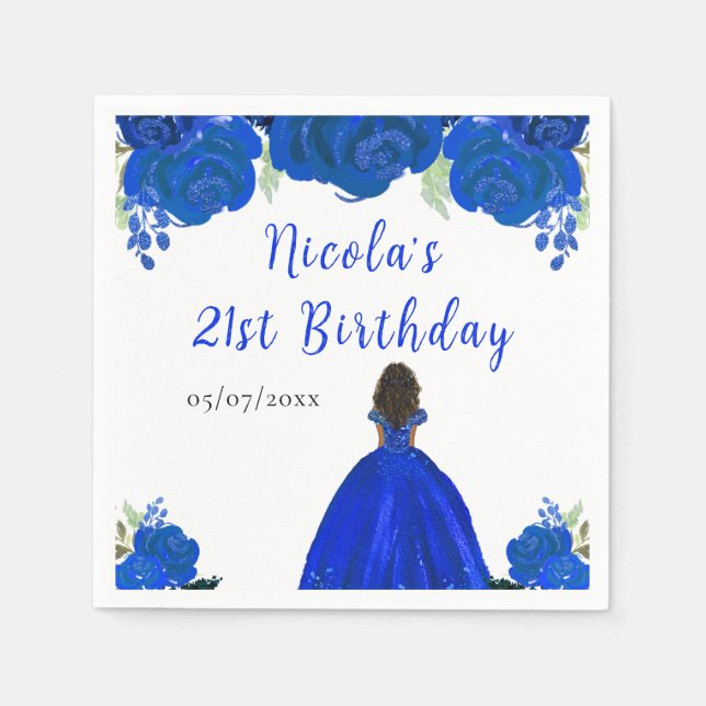 Dark Skin Princess Blue Floral Birthday Party Napkins (Front)