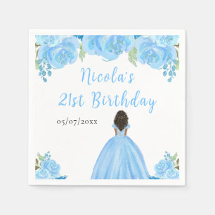 Dark Skin Princess Blue Floral Birthday Party Napkins
