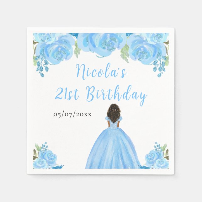 Dark Skin Princess Blue Floral Birthday Party Napkins (Front)