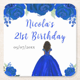 Dark Skin Princess Blue Floral Birthday Party Square Paper Coaster