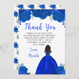Dark Skin Princess Blue Floral Birthday Party Thank You Card