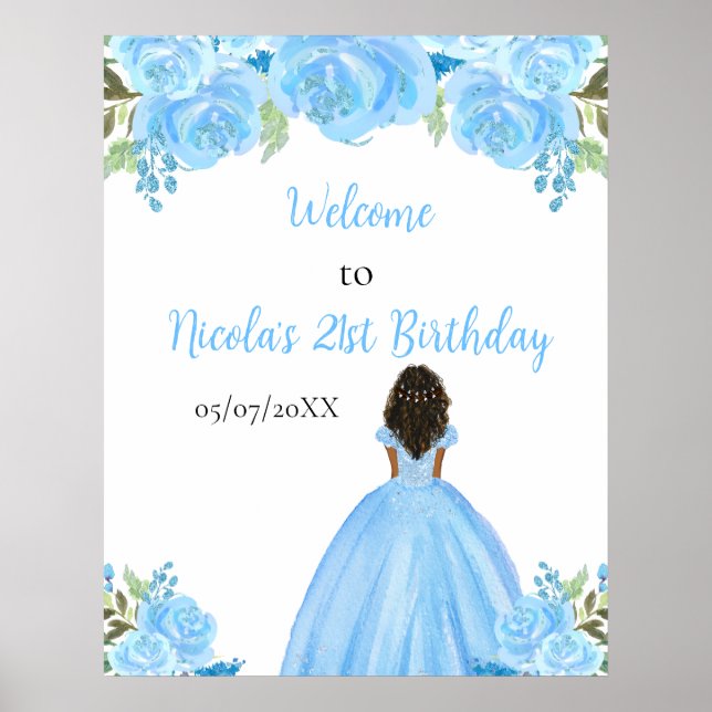 Dark Skin Princess Blue Floral Birthday Welcome Poster (Front)