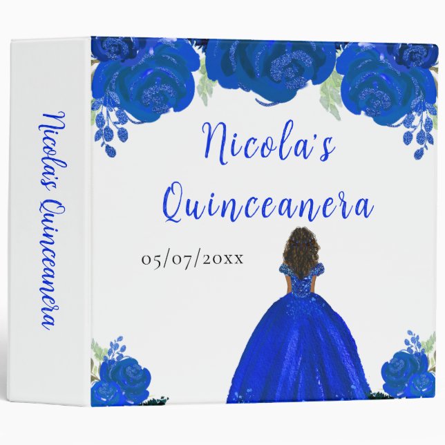 Dark Skin Princess Blue Floral Quinceanera 3 Ring Binder (Front/Spine)