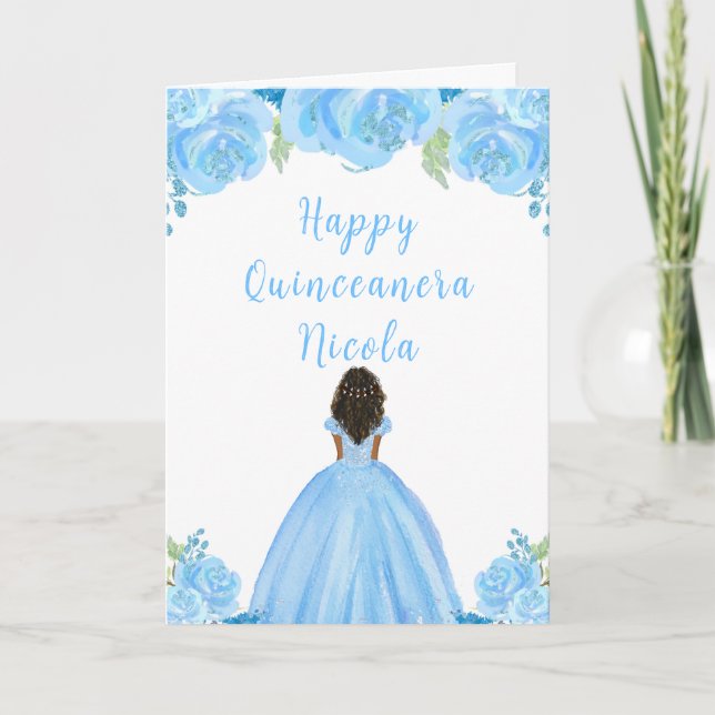 Dark Skin Princess Blue Floral Quinceanera Card (Front)