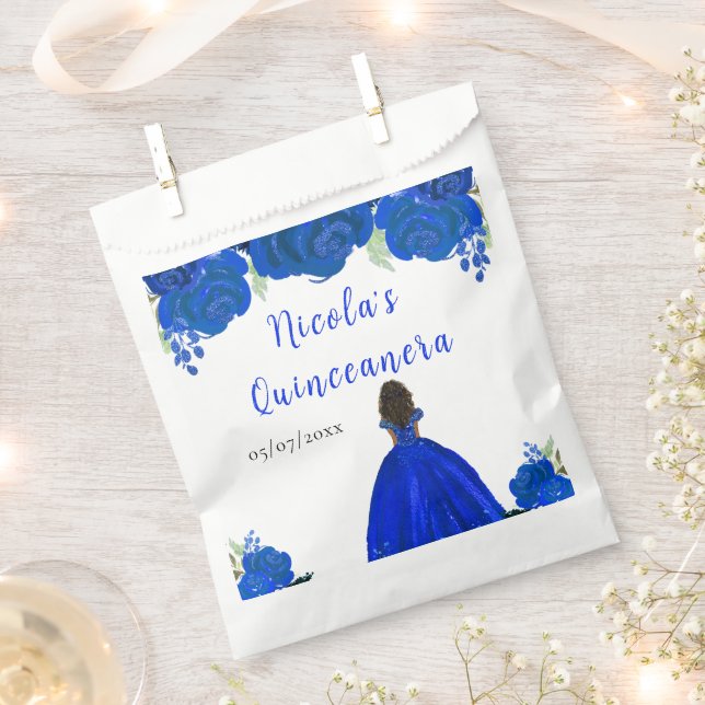 Dark Skin Princess Blue Floral Quinceanera Favor Bag (Clipped)