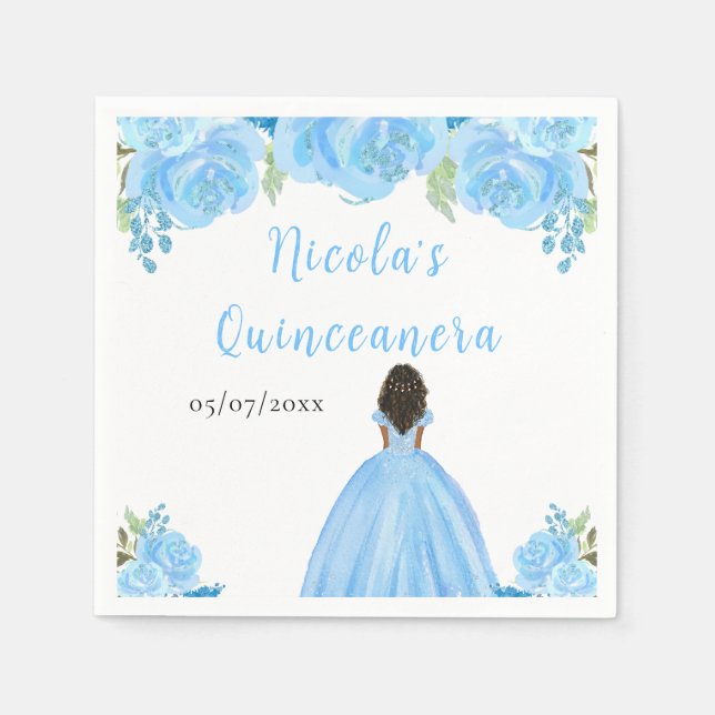 Dark Skin Princess Blue Floral Quinceanera Napkins (Front)