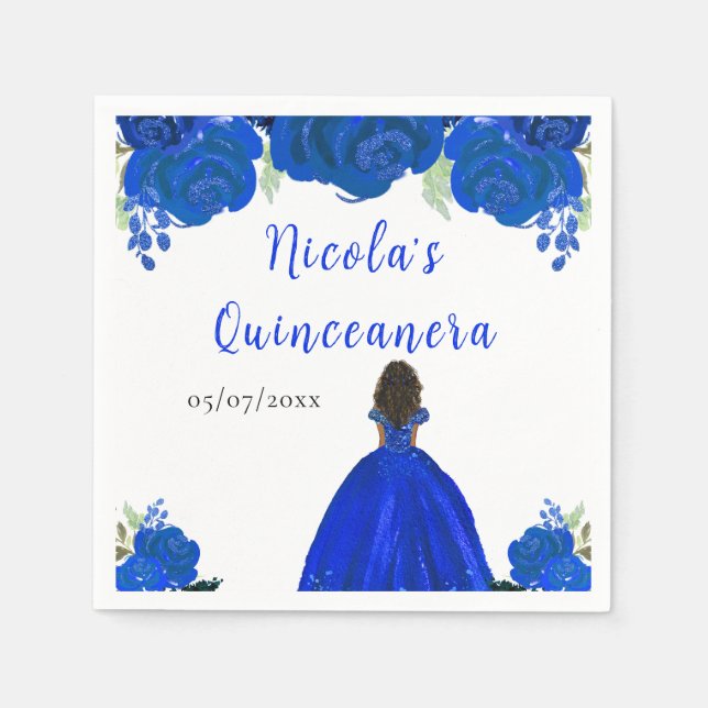 Dark Skin Princess Blue Floral Quinceanera Napkins (Front)