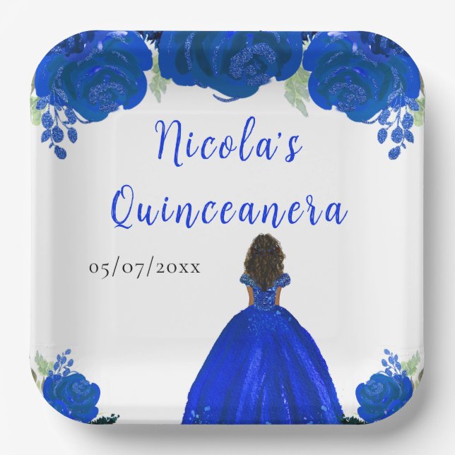 Dark Skin Princess Blue Floral Quinceanera Paper Plates (Front)