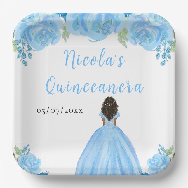 Dark Skin Princess Blue Floral Quinceanera Paper Plates (Front)