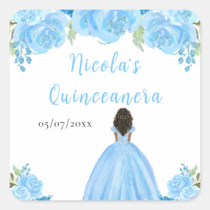 Dark Skin Princess Blue Floral Quinceanera Square Sticker