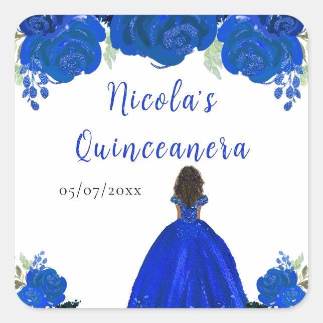 Dark Skin Princess Blue Floral Quinceanera Square Sticker (Front)