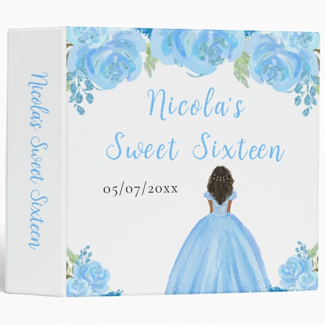 Dark Skin Princess Blue Floral Sweet Sixteen 3 Ring Binder (Front/Spine)