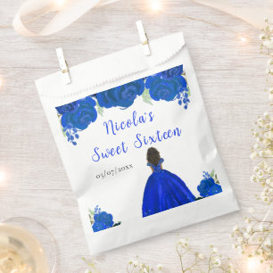 Dark Skin Princess Blue Floral Sweet Sixteen Favor Bag