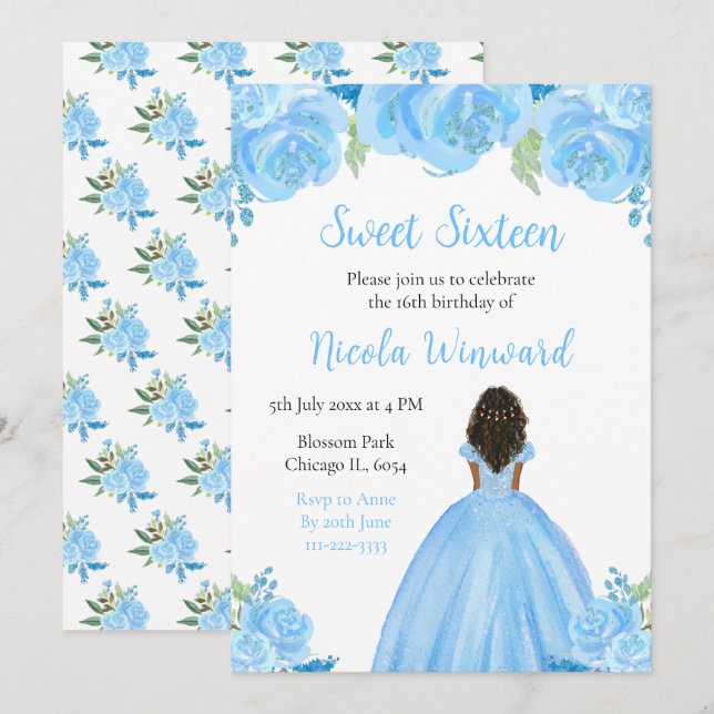 Dark Skin Princess Blue Floral Sweet Sixteen Invitation (Front/Back)