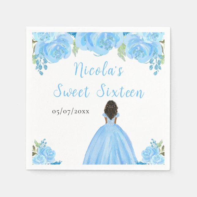 Dark Skin Princess Blue Floral Sweet Sixteen Napkins (Front)