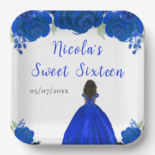 Dark Skin Princess Blue Floral Sweet Sixteen Paper Plates (Front)